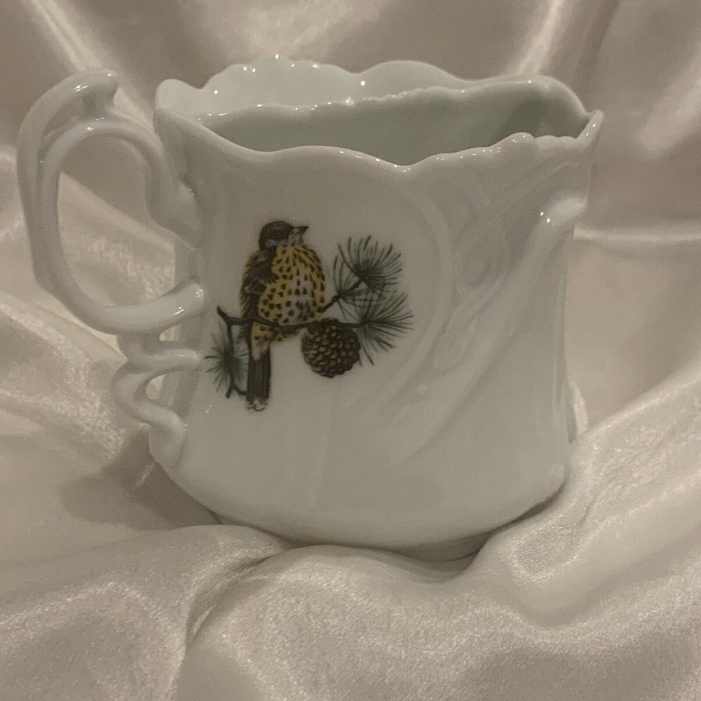 Shaving Mustache Mug. Unmarked. White w Birds. Porcelain. AL